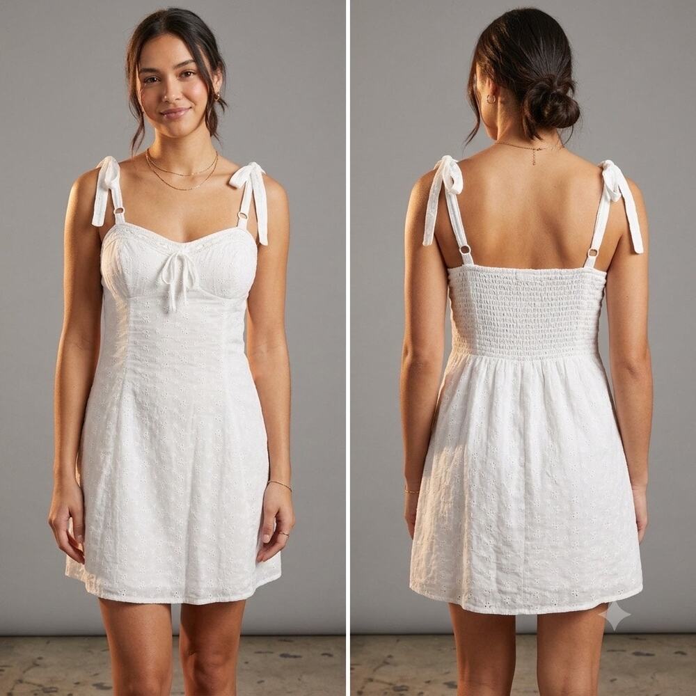 Lily Rose White Eyelet Mini Dress Bustier Tie Strap Smocked Back M